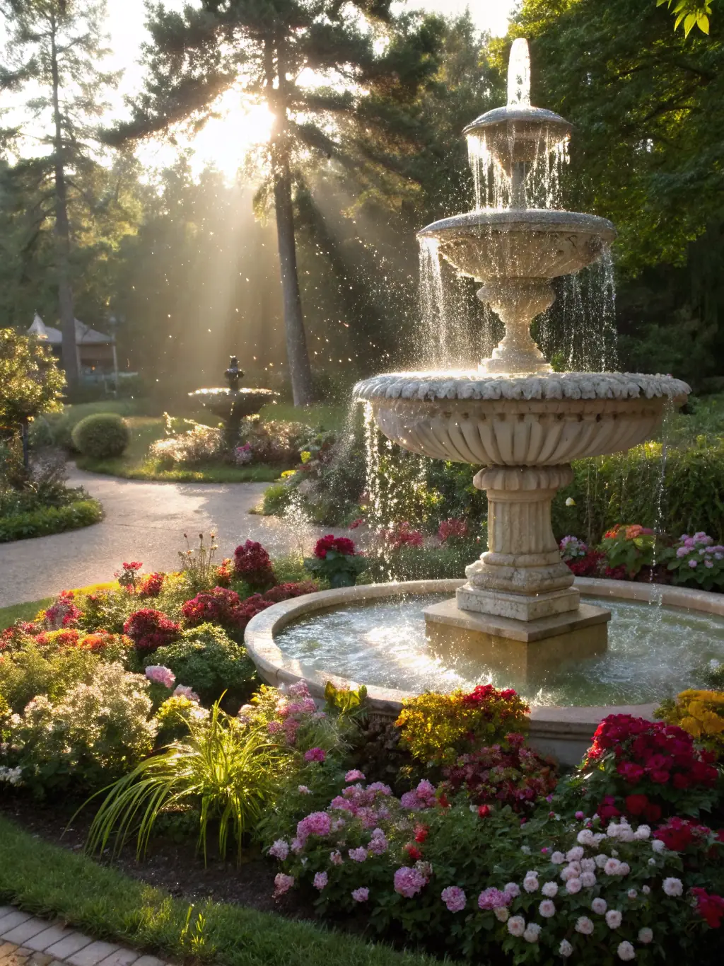 An image of a beautifully restored ancient fountain in Salives, surrounded by blooming flowers and greenery, showcasing the successful revitalization of a historical landmark.