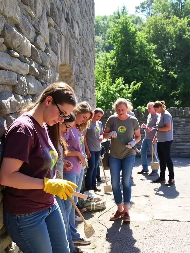 A photograph capturing volunteers cleaning and restoring a section of an old stone wall, showcasing community involvement in heritage preservation.