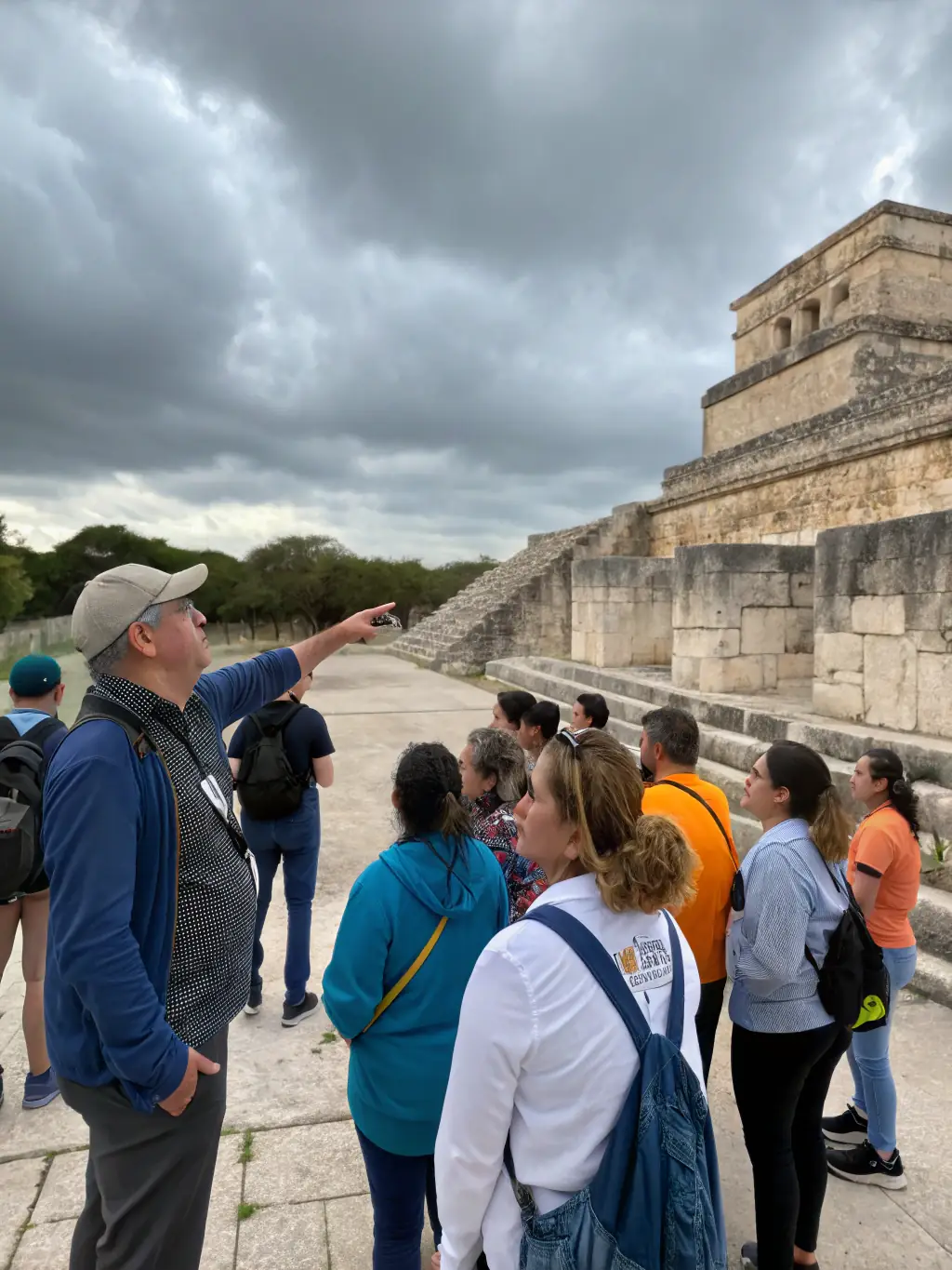 A photograph of a group of children and adults participating in a guided tour of a historical site in Salives, with a knowledgeable guide explaining the significance of the monument.