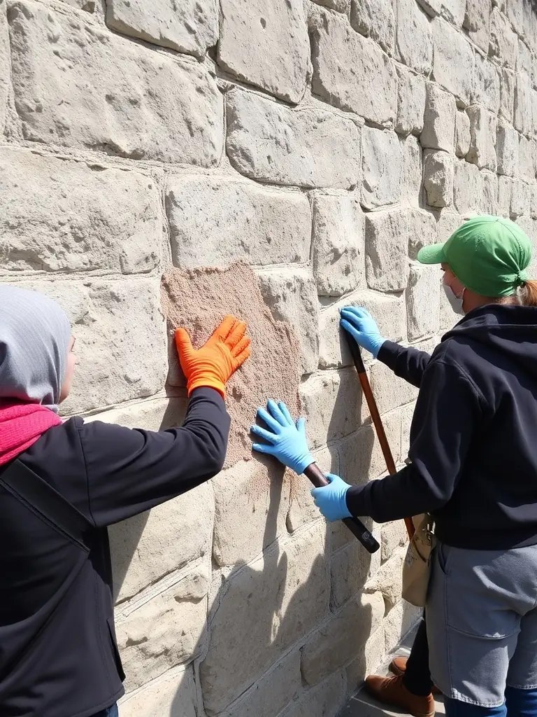 A high-angle shot of volunteers carefully cleaning and repairing a weathered stone wall of a historical building in Salives, showcasing the meticulous work involved in heritage conservation.